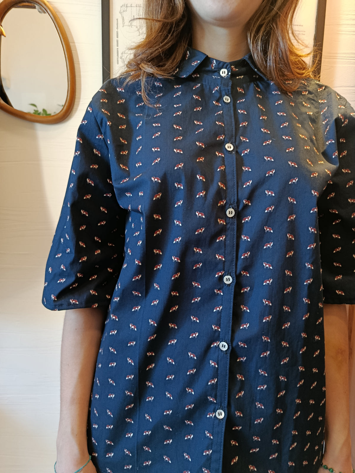 Camicia piccole volpi in cotone blu