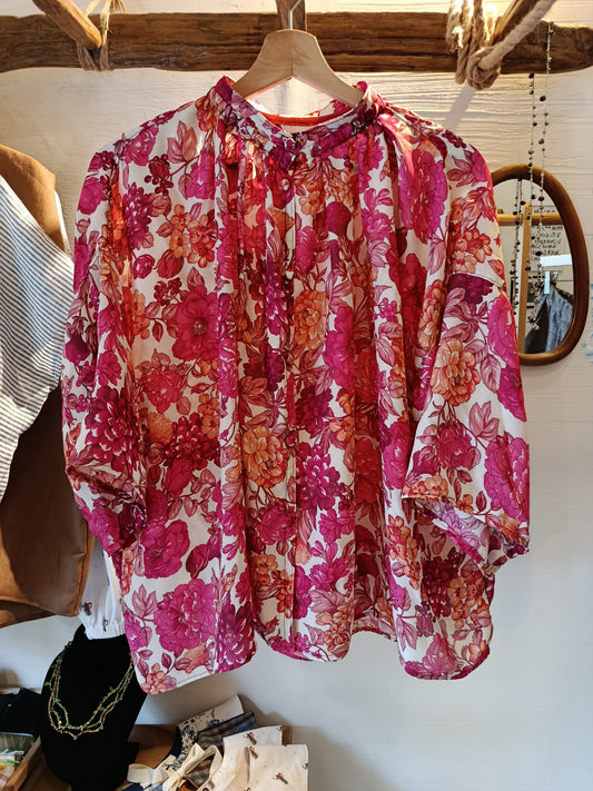 Camicia over in seta fantasia fiori