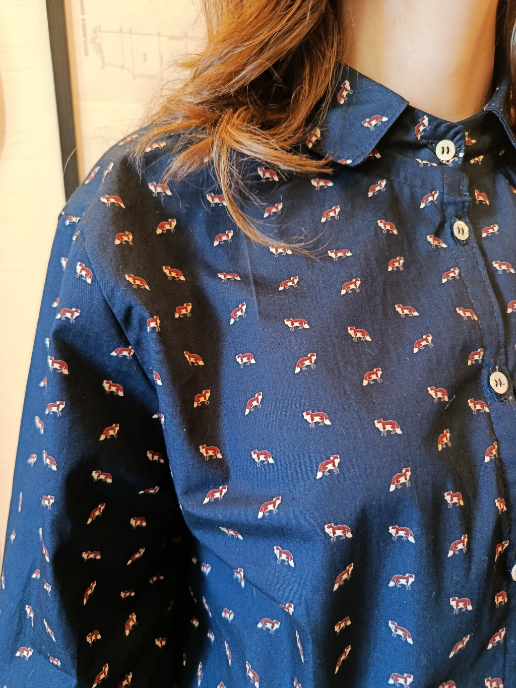 Camicia piccole volpi in cotone blu