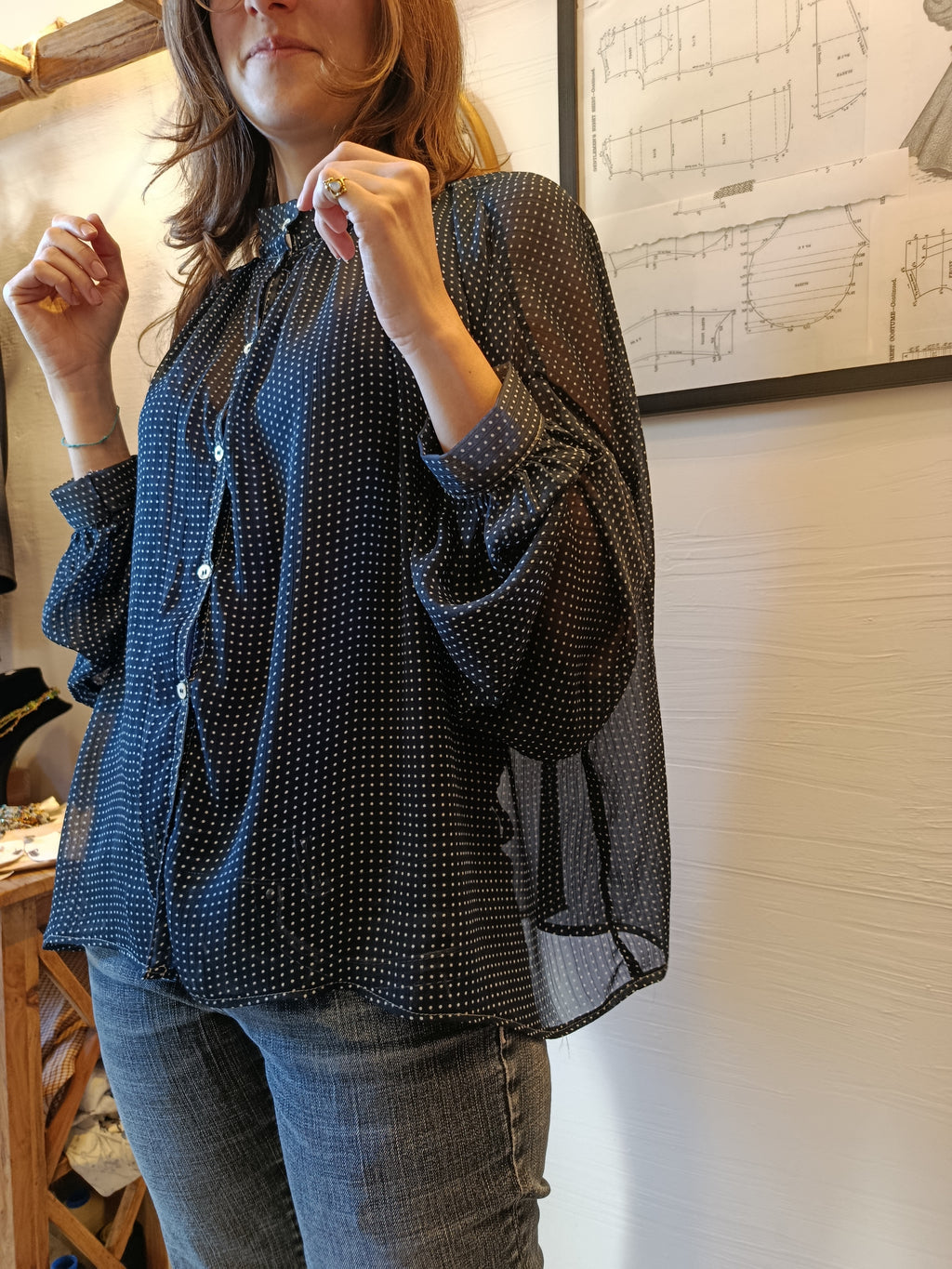 Oversize polka-dot viscose voile shirt