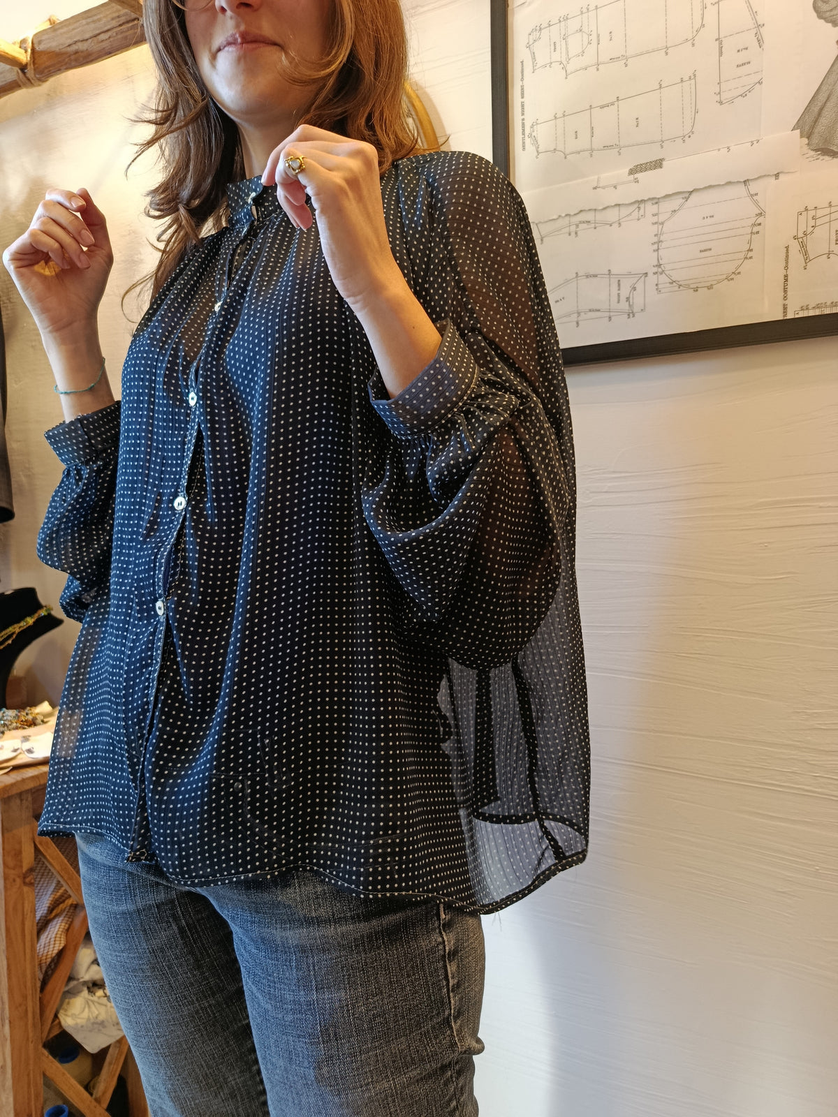 Oversize polka-dot viscose voile shirt